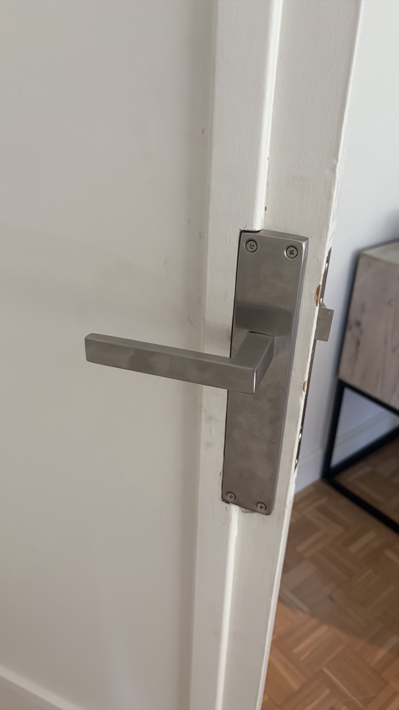 Modern brushed steel handle on long backplate installed on the old door
