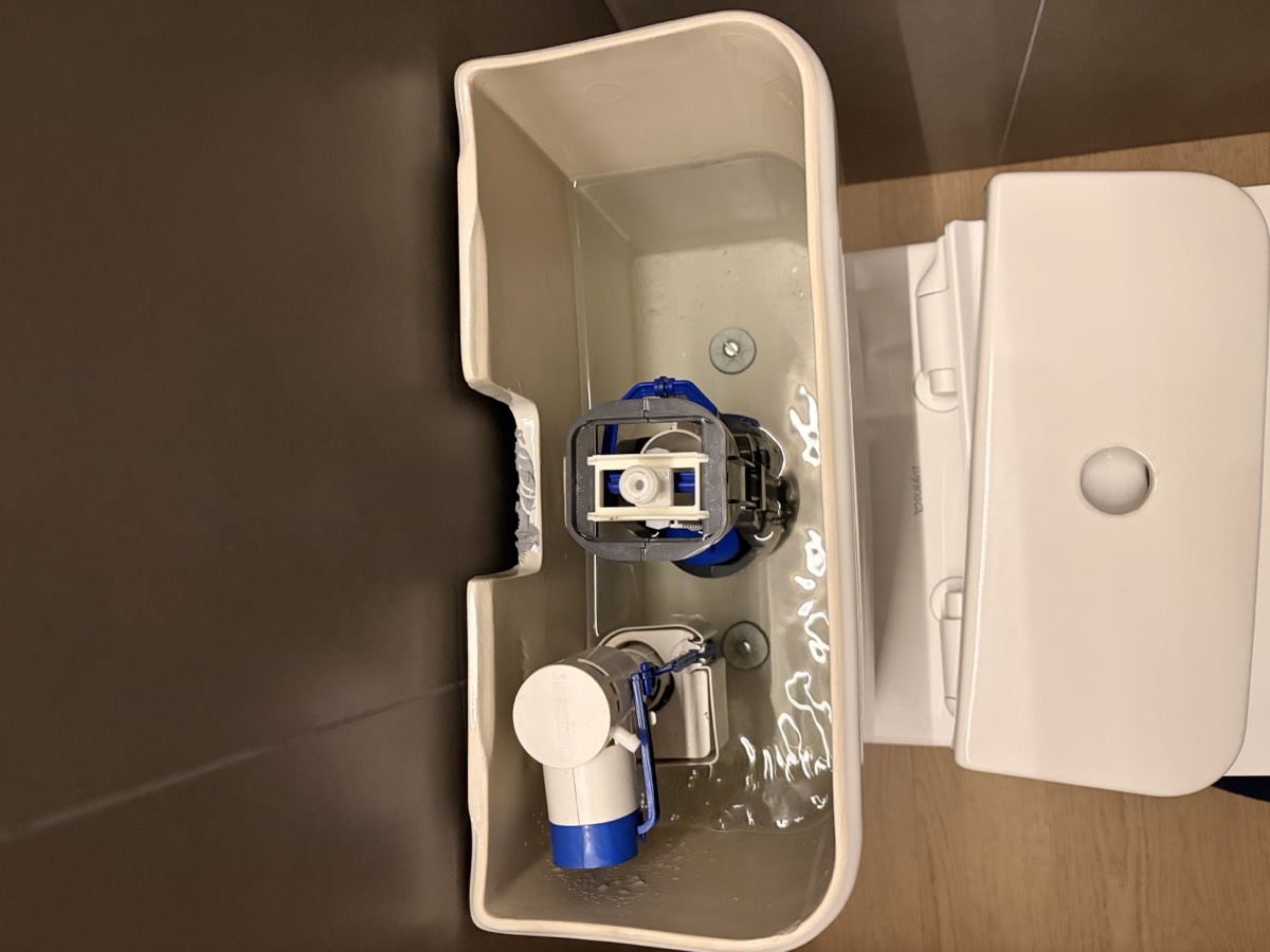 Interior of a toilet tank showing the fill valve and flapper mechanism